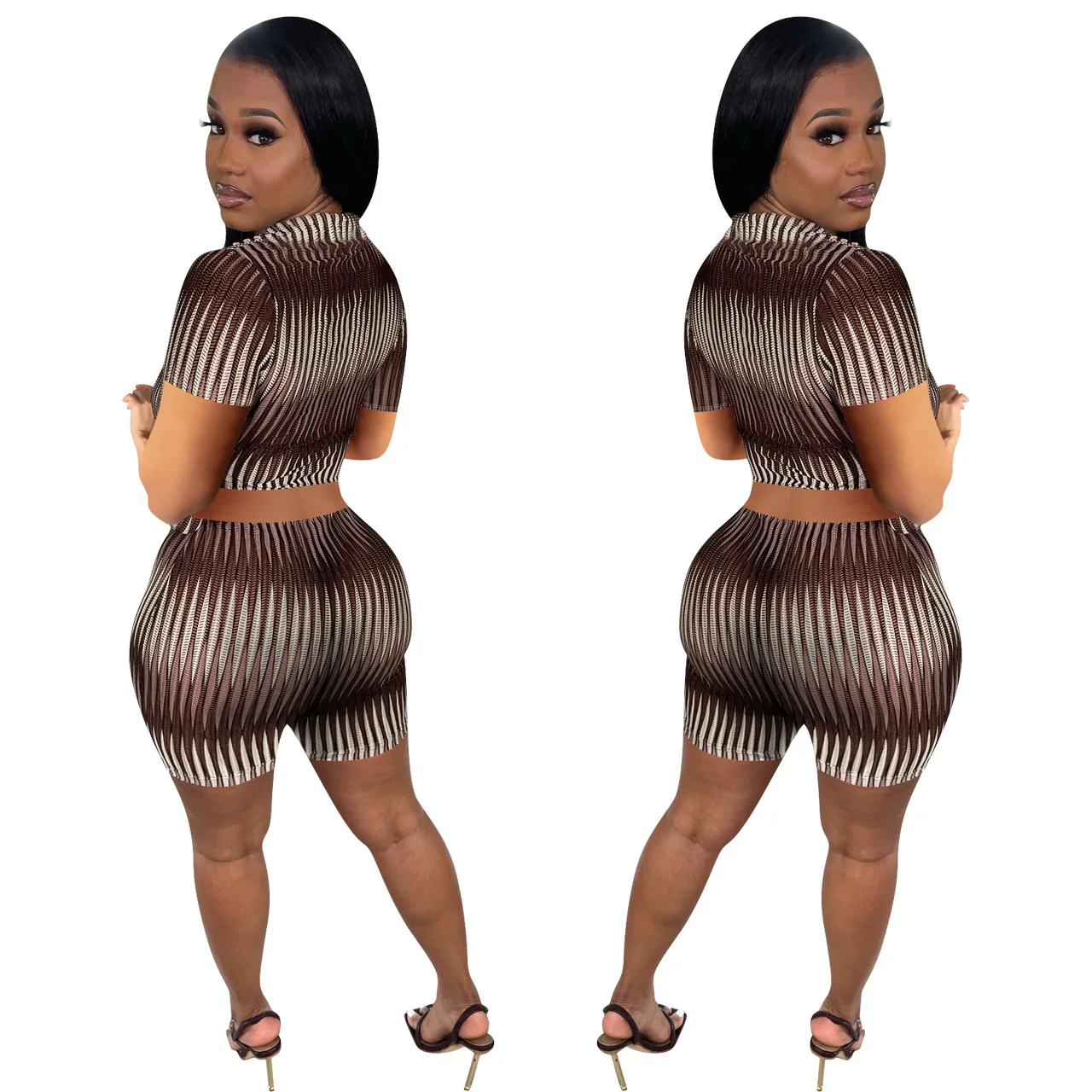 Description Picture 4 of itemLFRVZ 2022 Summer Shirt&Short Young Sexy Hollow out High Street V-Neck Short Sleeve Top Short Pants Slim Women 2 Piece Set