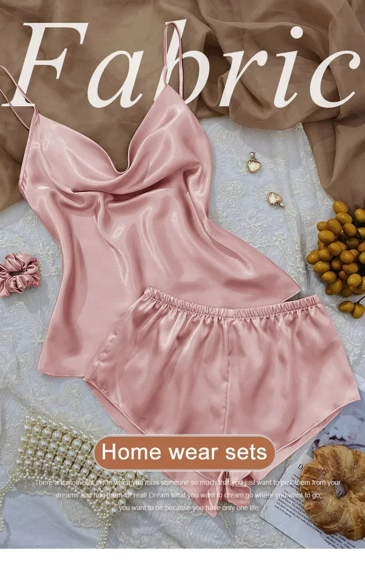 Description Picture 2 of item3 Pcs Set Women Pajama Sets Fashion Soild Suspenders and Shorts With Hanging Bag Home Wear Set Sexy Suspenders