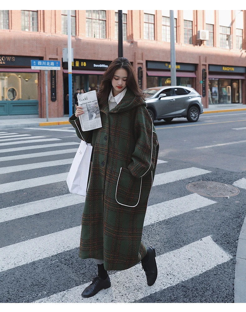 Description Picture 5 of itemLautaro Autumn Winter Long Oversized Warm White Patchwork Plaid Wool Blends Trench Coats Women with Hood Runway Korean Fashion