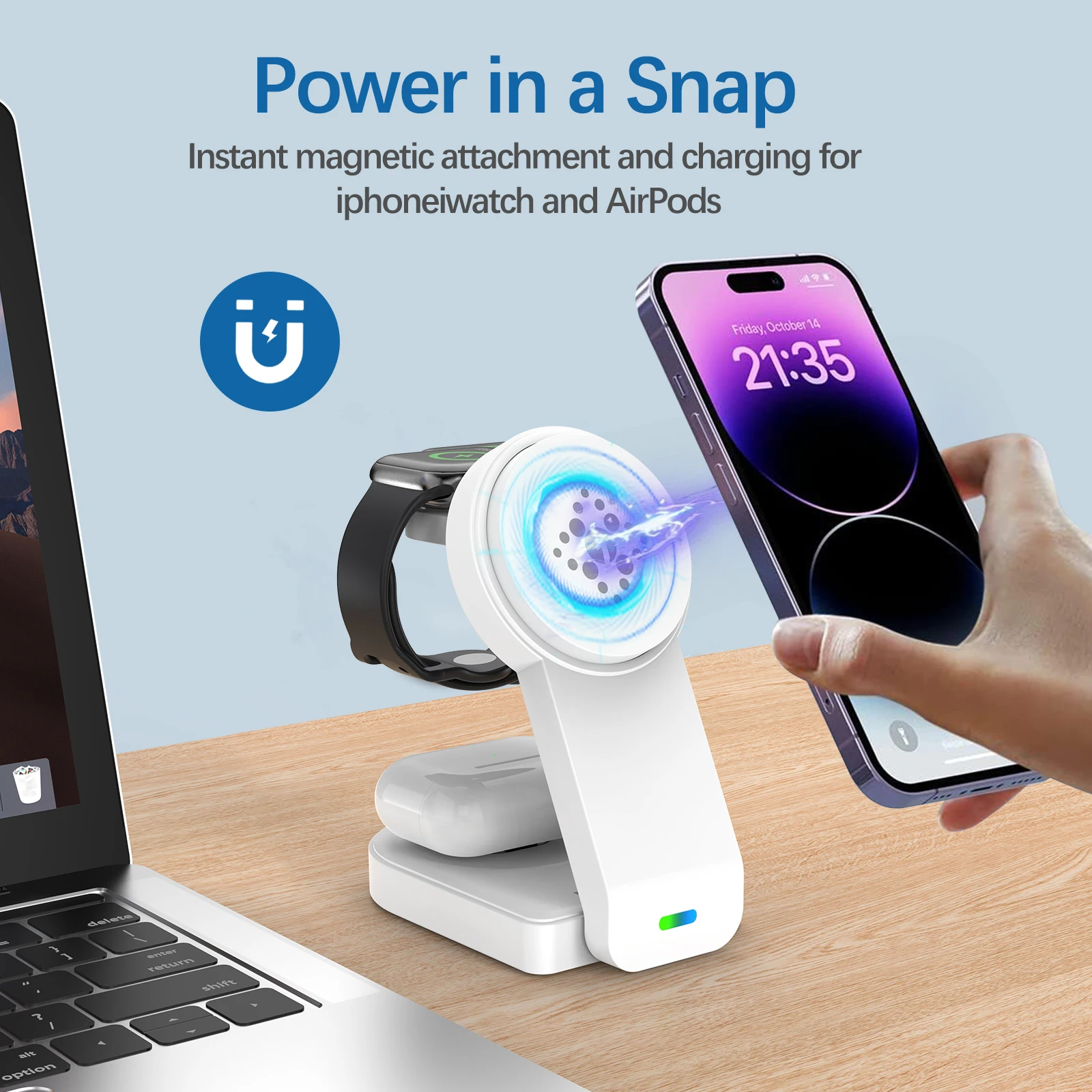2023 New 15W Three in One Magnetic Wireless Charging Stand Foldable Fast Charging Station for iPhone 15 14 13 12 Pro Max Apple