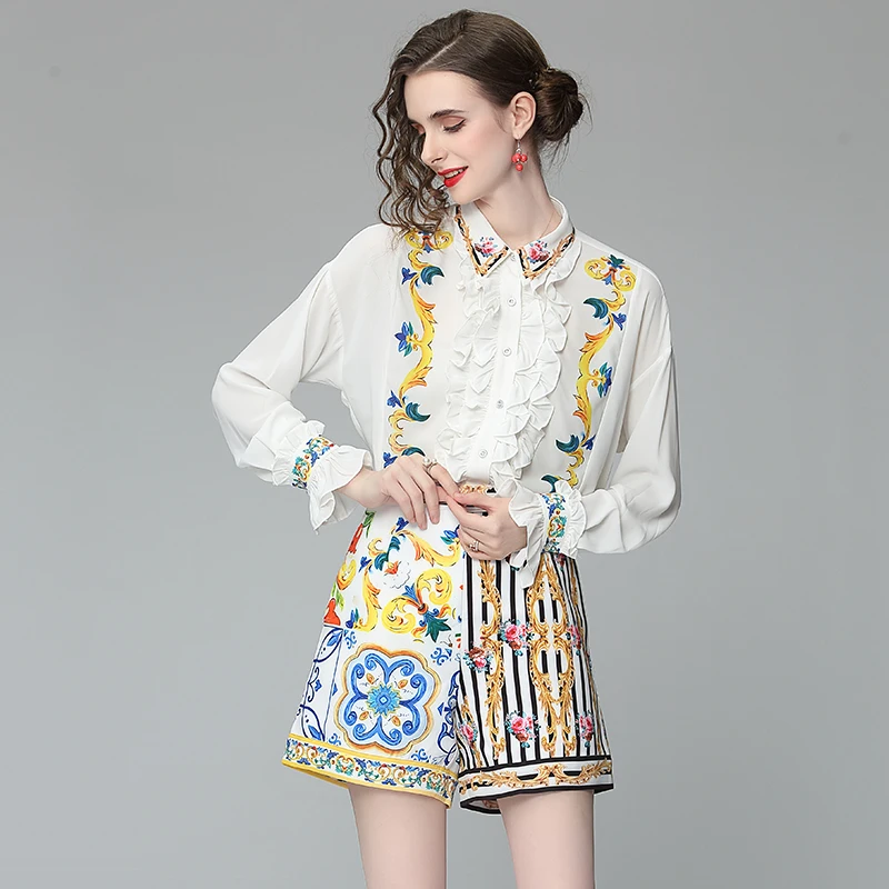 Banulin Summer Runway Flower Print Two-piece Set Women Flare Sleeve Ruffles Shirt Top and Stripe Pocket Shorts Suits Set N56608