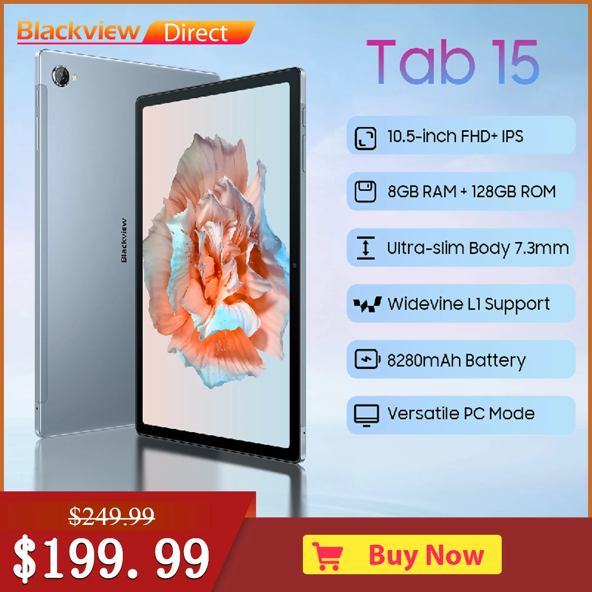 Blackview Tab15 Gaming Tablet，Android 12 8GB＋128GB，8280mAh Big Battery, 10.5inch HD Octa-Cores Pad, Dual 4G 13MP+8MP Camera