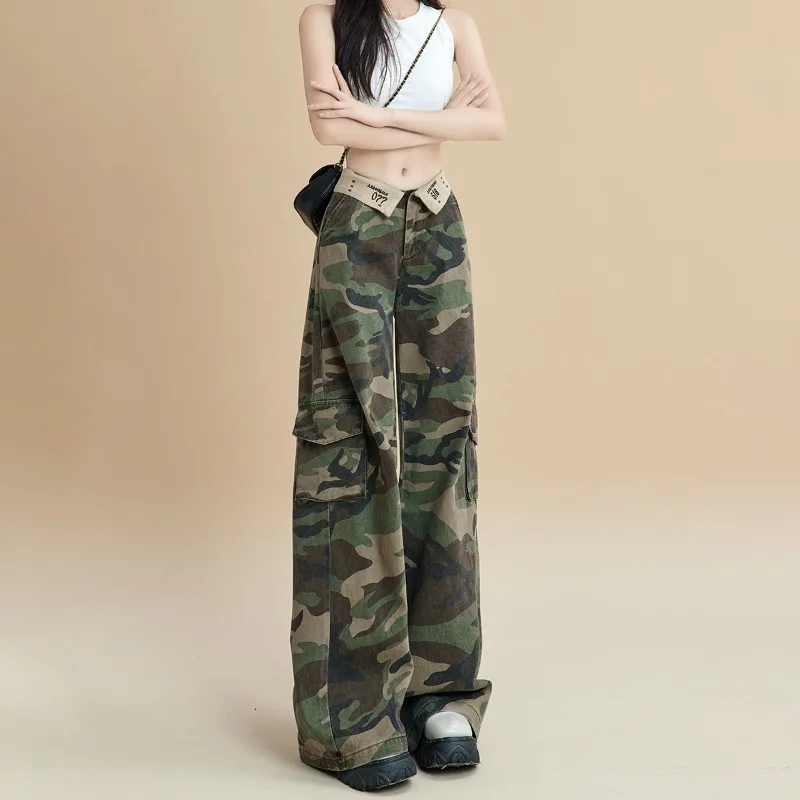 HOUZHOU Y2K Camo Cargo Pants Women Low Waist Pockets Camouflage Cargo Trousers Female Clothing Fashion Streetwear Hip Hop