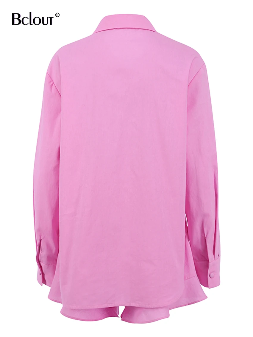 Description Picture 5 of itemBclout Linen Shorts Suit Women Summer Long Sleeve Shirts Orange Elastic Waist Ruffle Shorts Sets 2 Pieces Woman Outfits Vacation