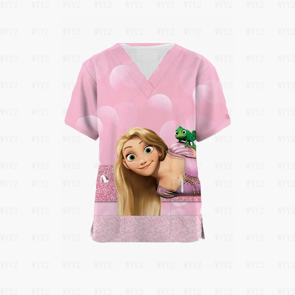 Description Picture 3 of item2023 V Neck Scrub Princess Tops Cartoon 3D Nurse Uniform Medical Uniform Ladies Print Cut Pet Shop Work Uniform Shirt