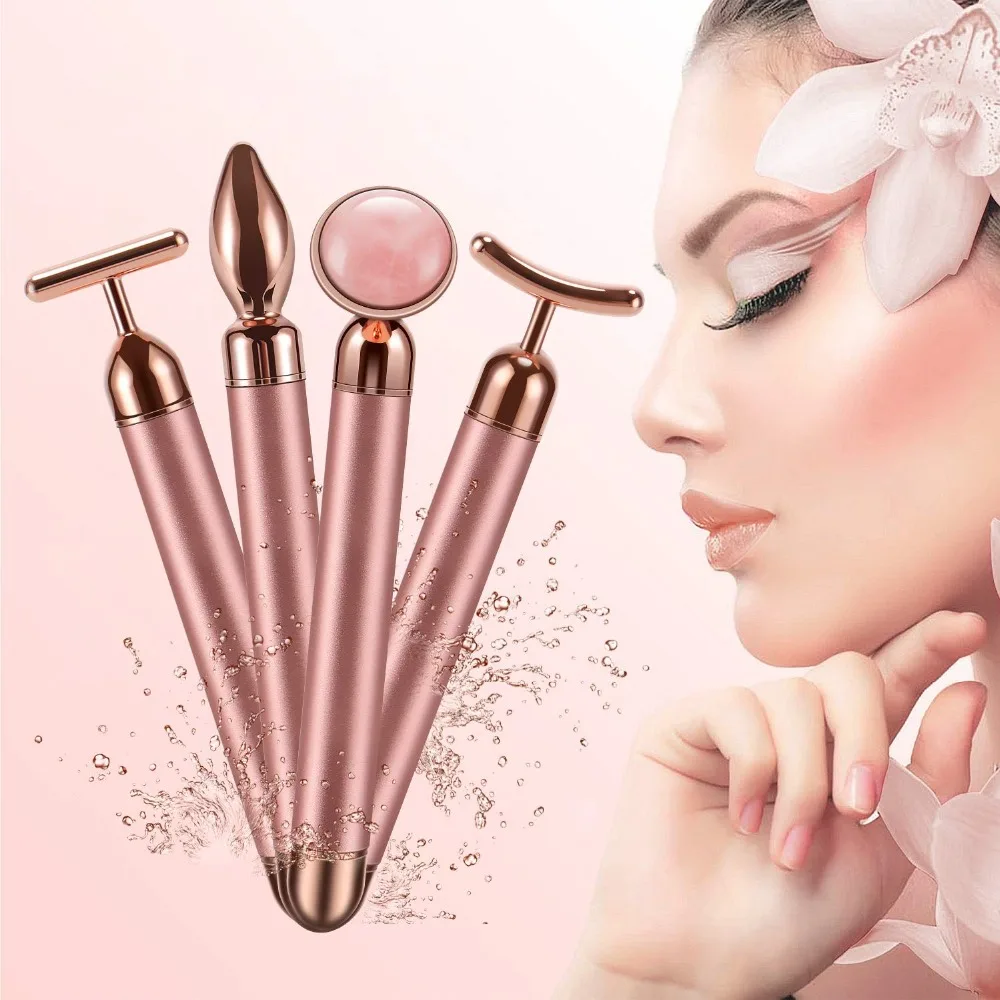 Description Picture 2 of item4 in 1 Vibrating Rose Quartz Roller Face Roller Eye Massager Jade Roller T/V Shaped Face Lifting Slimming Beauty Bar Massager