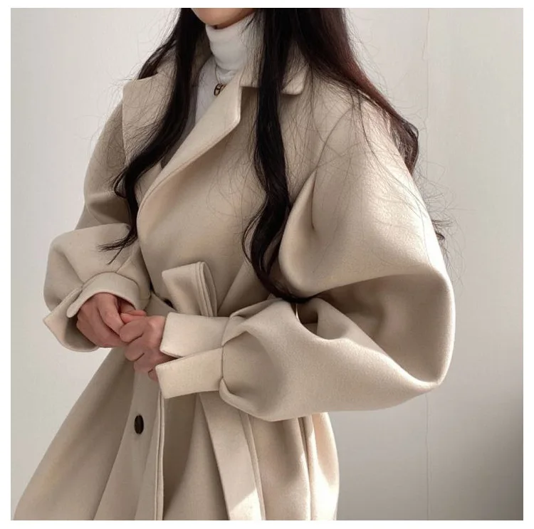 Description Picture 3 of itemMid Length Topcoat Blazer Collar Woolen Coat Women Belted Winter Jacket Niche Vintage Loose Fashion Overcoat Solid Trench Coats