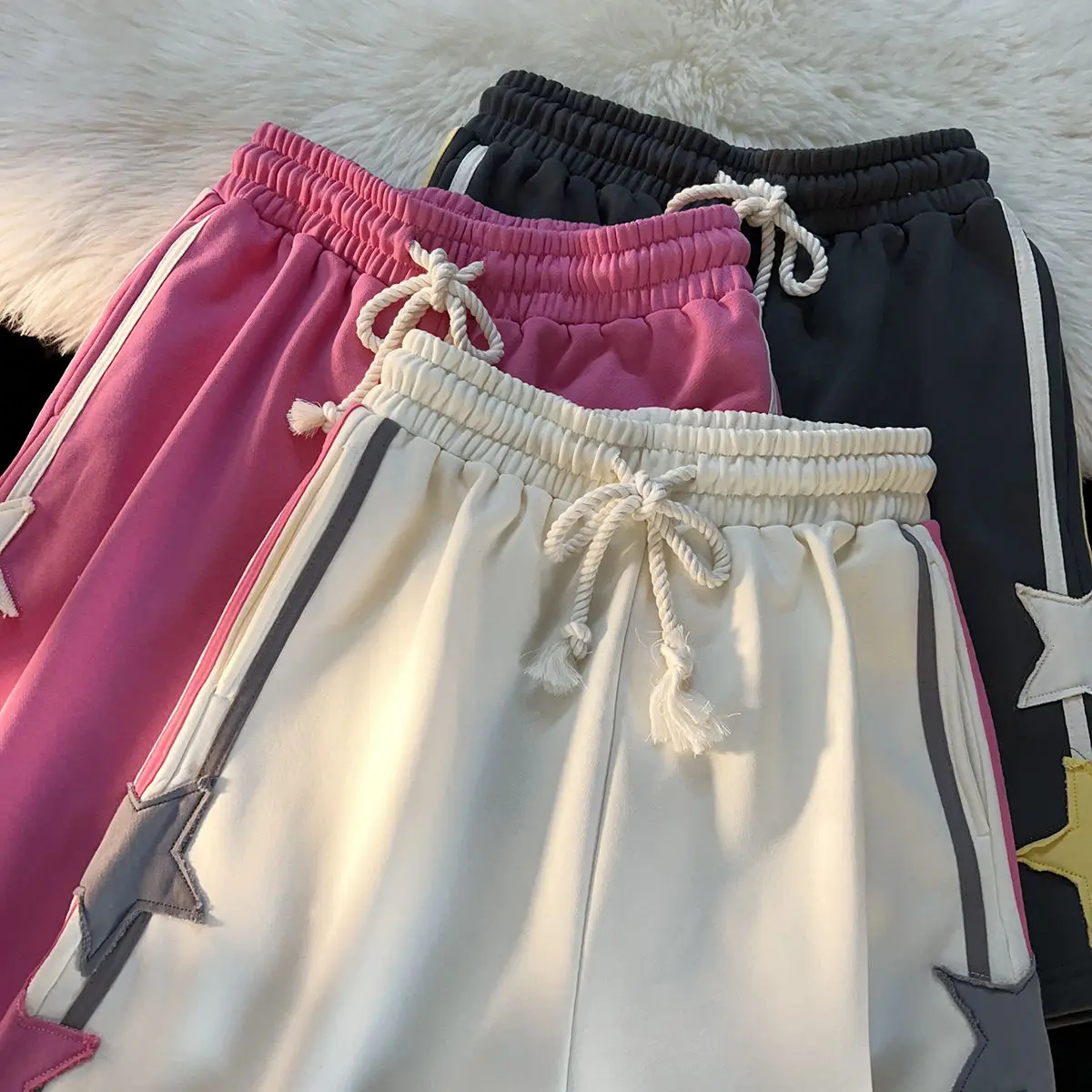 2023 New American Style Retro Stripe Star Stitching Shorts Women's Couples Casual Fashion Loose All-Match Design Cropped Pants