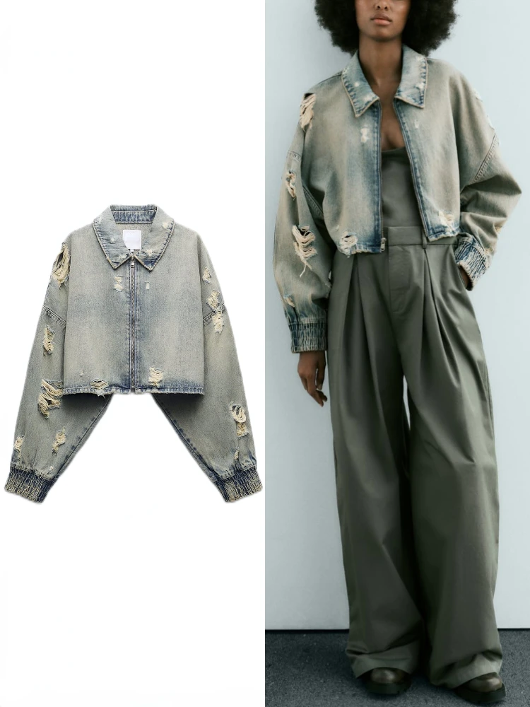 ZBZA Women's TRAF Ripped Crop Denim Jacket Autumn New Lapel Long Sleeves Dropped Shoulders Washed Effect Rips Zip Cropped Jacket
