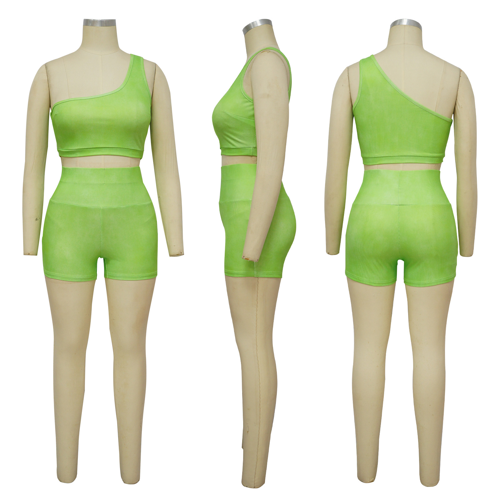 Description Picture 3 of itemCM.YAYA Fashion Yoga Women Two 2 Piece Set Outfit Sleeveless One Shoulder Crop Top and Legging Shorts Suit 2023 Summer Tracksuit