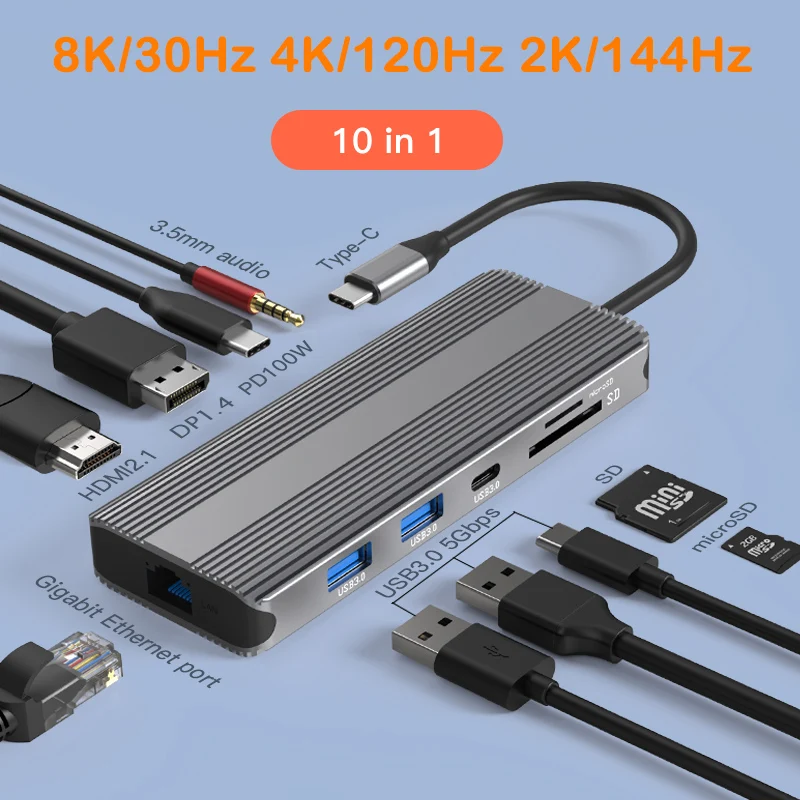 8K USB C Laptop Docking Station 10in1 MST USB 3.0 RJ45 PD DP HDMI 4K 120Hz 2K 144Hz Hub for Macbook HP Iconic Brand Surface Iconic Brand