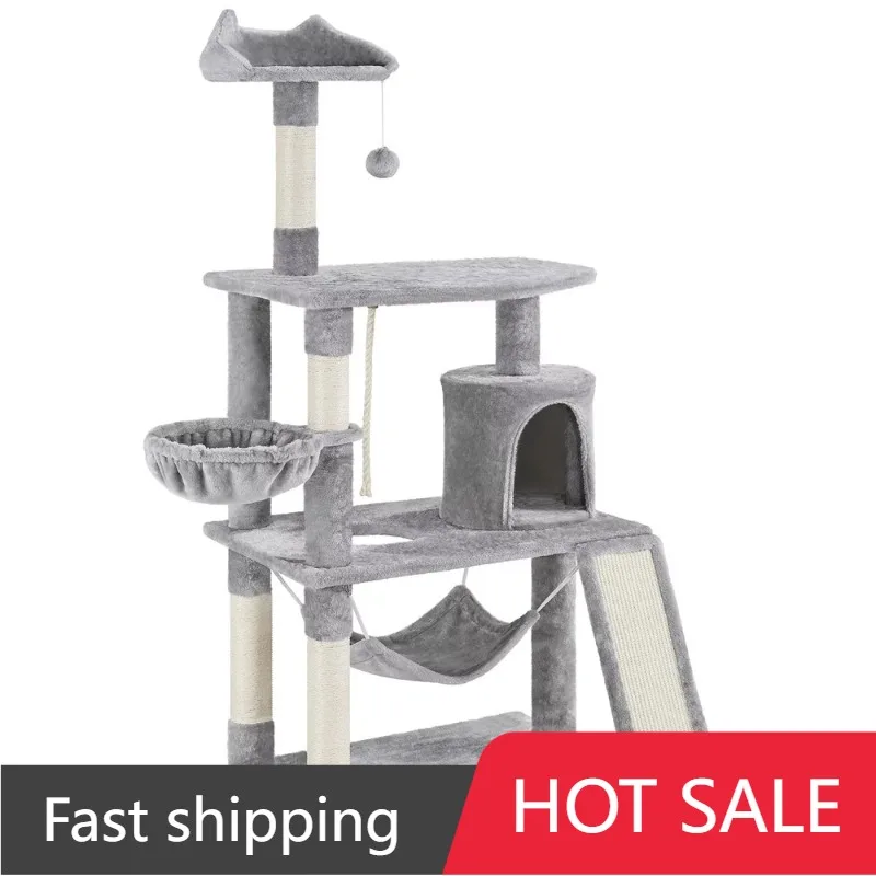 63.5''H Multi Level Cat Tree Condo with Scratching Post, Light Gray