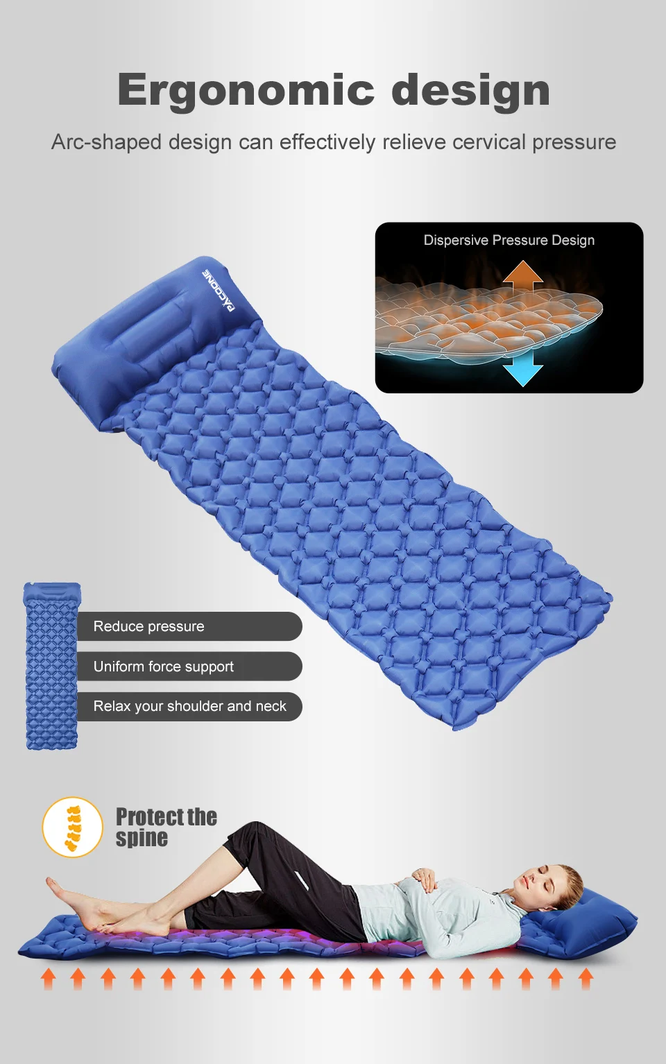 Description Picture 2 of itemPACOONE Outdoor Camping Sleeping Pad Folding Sleep Mat Beach  Inflat Mattress with Pillows Ultralight Air Mat Travel Hiking New