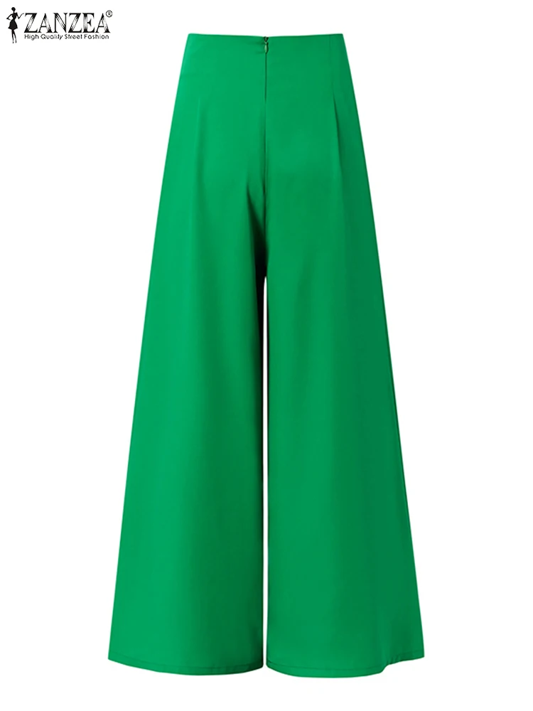ZANZEA High Waist Fashion Trousers Loose Women Solid Color Pocket Wide Leg Pants Inverted Pleats Streetwear 2023 Summer Pantalon