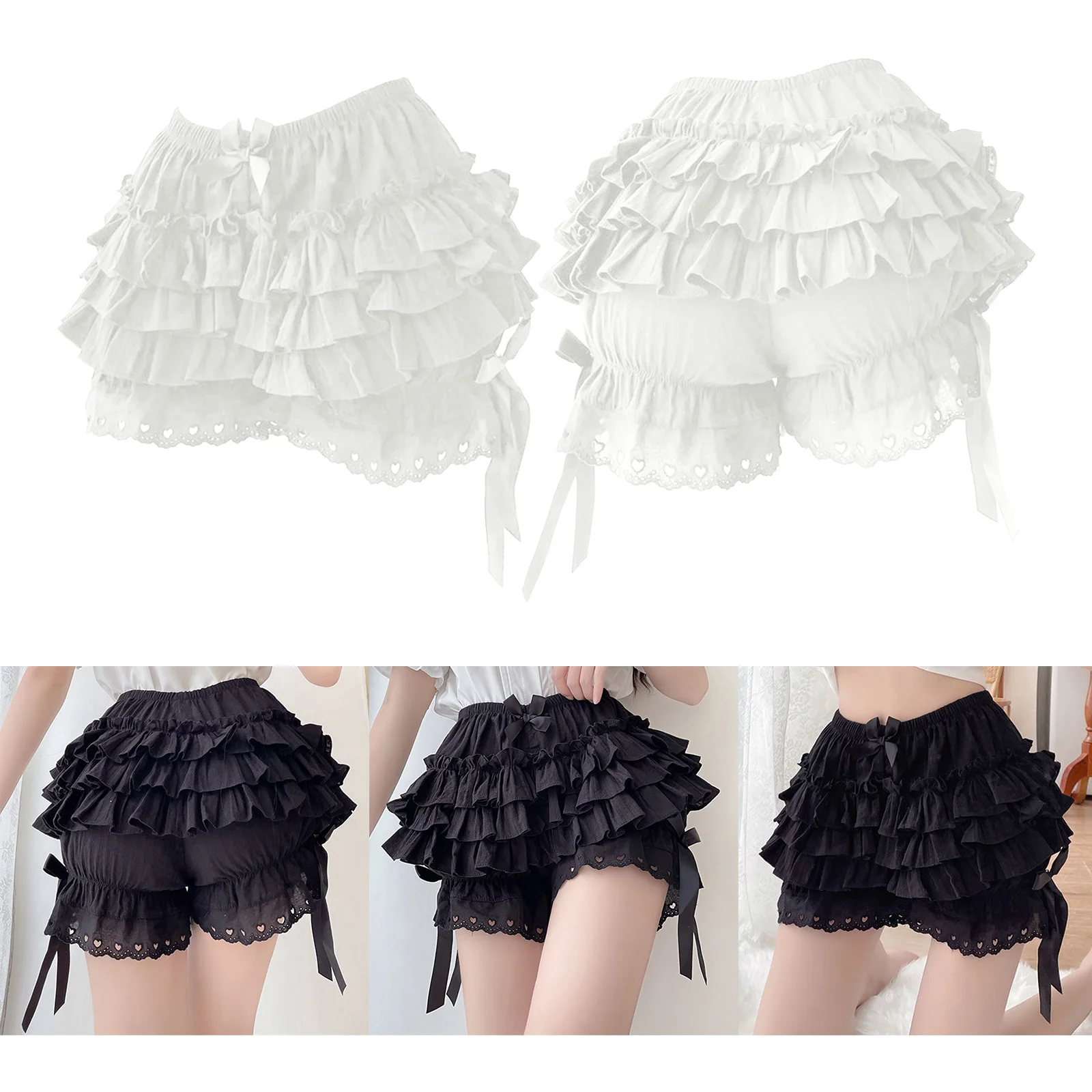 Womens Tiered Frilly Bloomers Shorts Bowknot Ruched Culottes Maid Cosplay Ruffled Panties Victorian Anime Cosplay Costumes