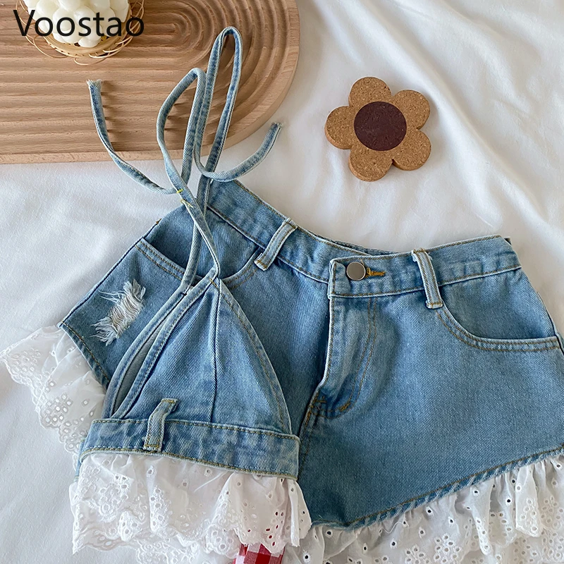 Description Picture 5 of itemSummer Sweet Lolita Style Denim Shorts Sets Girls Sexy Lace Bandage Camisole Crop Tops Ruffles Jeans Short Pants Women 2PC Set