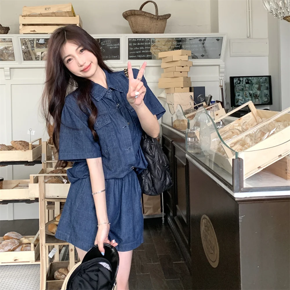 Description Picture 4 of itemSummer Women's Two-Pieces Sets Loose Thin Single Breasted Denim Shirt Coat Elastic High Waist Casual Solid Color Simple Shorts