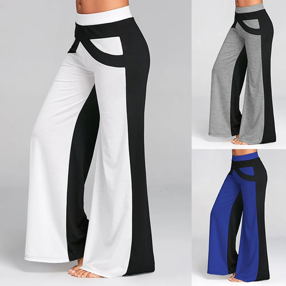 Description Picture 3 of itemNew Women'S Color Matching Mid Waist Patchwork Flared Pants, Women'S Long Loose Floor Sweeping Wide Leg Yoga Pants