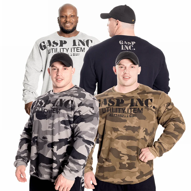 Gasp Autumn Bodybuilding Fitness Warm And Breathable Training Pure Cotton Waffle Men's Pullover Long Sleeve Underlay New Style