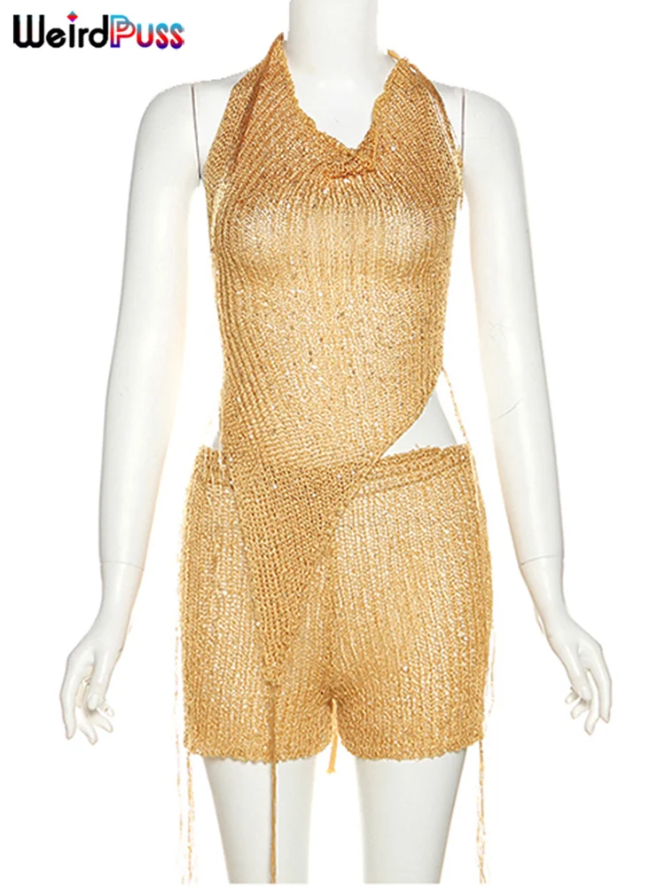 Description Picture 6 of itemWeird Puss Sexy Sequins Women 2Piece Set Summer Hipster Hooded Bandage Backless Hollow Tank Tops+Shorts Vacation Club Outfits