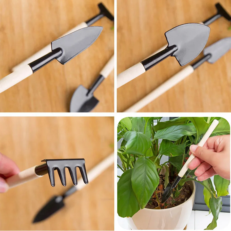 3 Piece Set Mini Gardening Potting Tools Wooden Handle Shovel Rake Spade Succulent Tranplanting Flowers Potted Plant Garden Tool