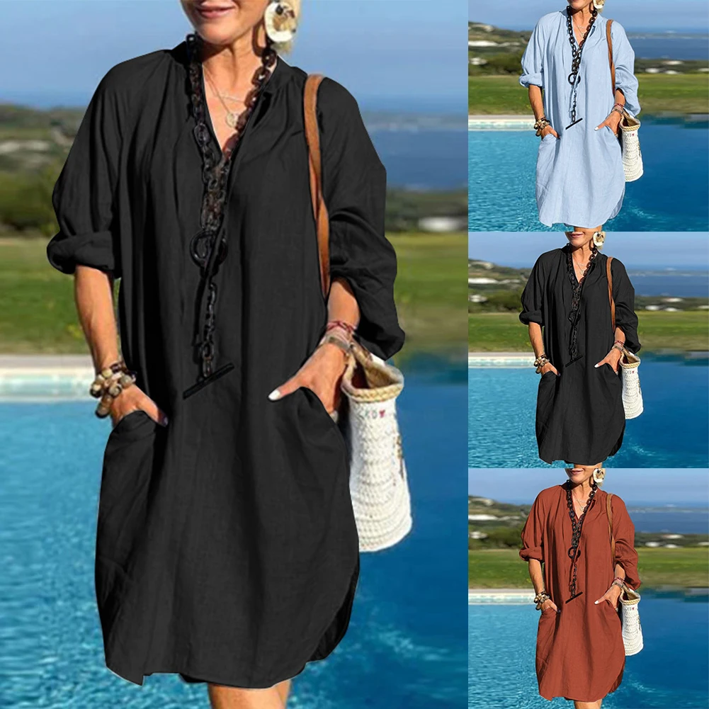 Description Picture 2 of itemFor Women Dress Casual Cotton Linen Female Long Sleeve Non Strech Pocket Vintage Solid Color V Neck Affordable