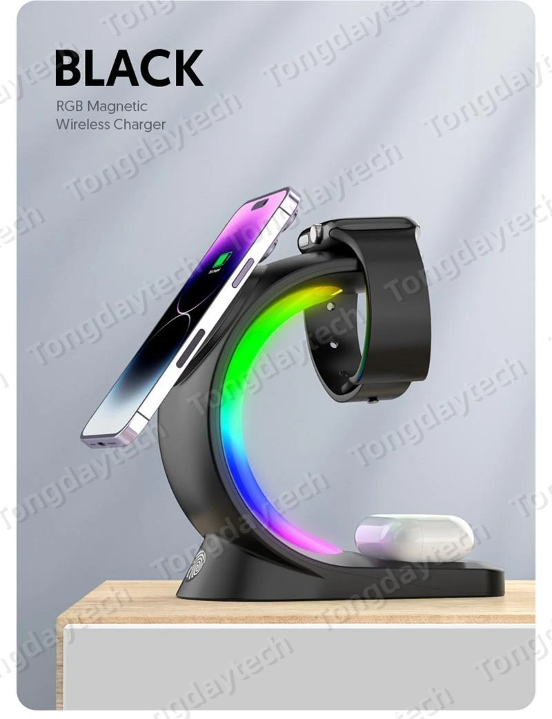 Description Picture 4 of item5in1 RGB Atmosphere Light 15W Magnetic Wireless Charger for Iphone XS XR 11 12 13 14 Pro Max Airpods Pro Apple Watch Stand