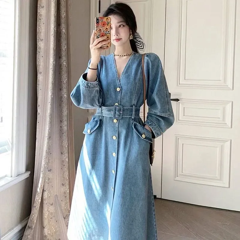Description Picture 2 of item2023 Spring Autumn New Korean Fashion Cowboy Woman Dress LOOSE Blue Temperament Elegant French Long Sleeved A-line Dresses