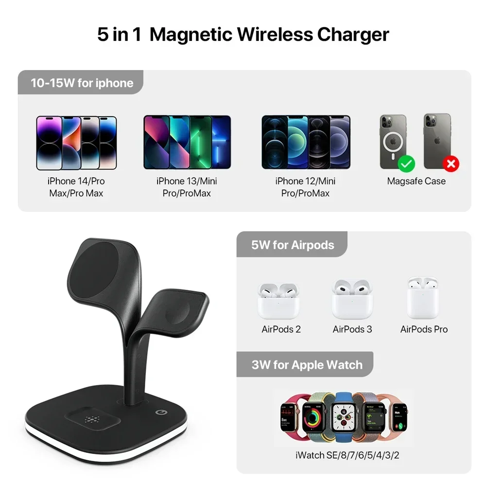 100% Magnetic Wireless Charger Stand For iPhone 15 14 13 12 Pro Max Apple Watch 8 7 Airpods Induction Fast Charging Dock Station