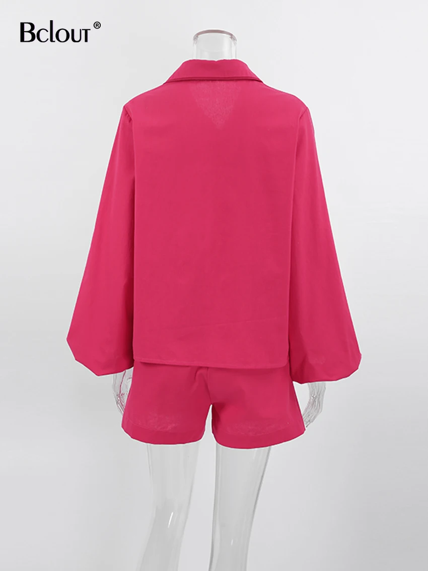 Description Picture 5 of itemBclout Summer Patchwork Linen Shorts Sets Women 2 Pieces Fashion Pink Lantern Sleeve Thin Blouses Vacation Straight Shorts Suits