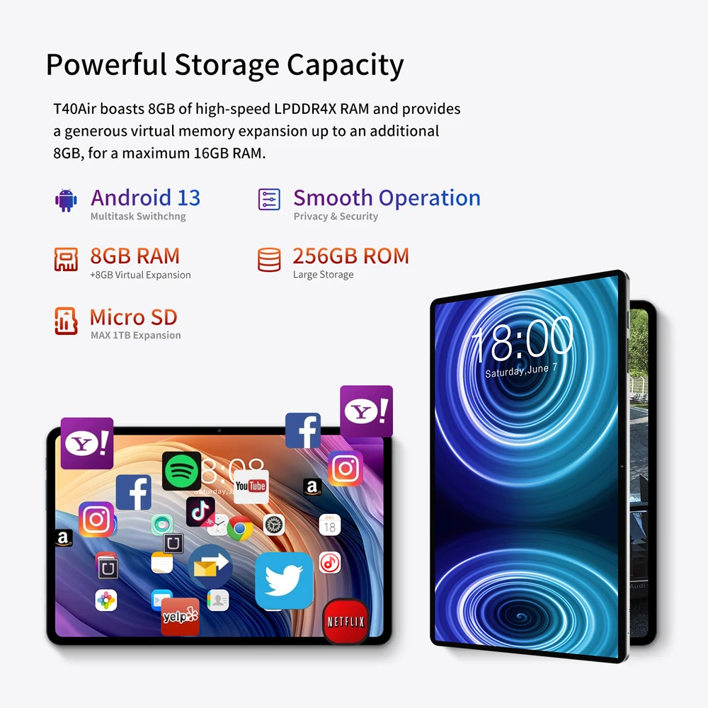Teclast T40 Air 10.4'' Android 13 Tablets 8GB RAM 256GB ROM UNISOC T616 Octa Core Widevine L1 4G Network Dual SIM Wifi Tablet PC