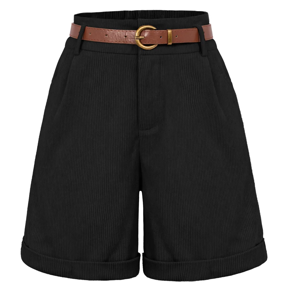 Description Picture 4 of itemBelle Poque Women Vintage Corduroy Shorts With Belt Summer Elastic High Waist Wide Leg Short Pants Elegant Lady Bermuda Shorts