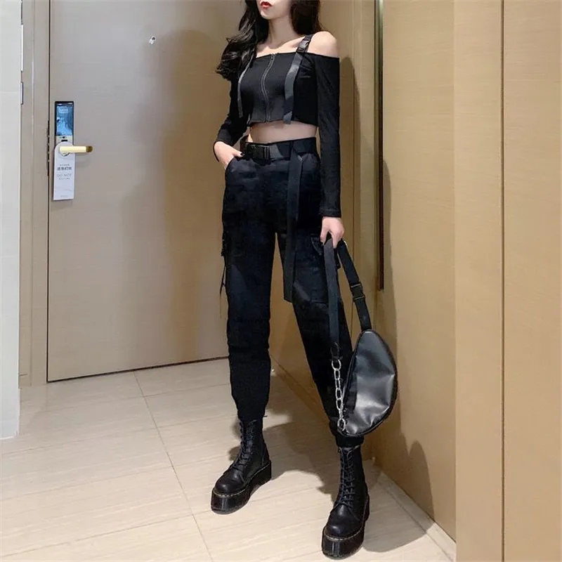 Description Picture 5 of itemArmygreen Cargo Pants With Belt Women Capri Casual High Waist Trousers Ladies Black Harajuku Hip Hop Joggers School Streetwear