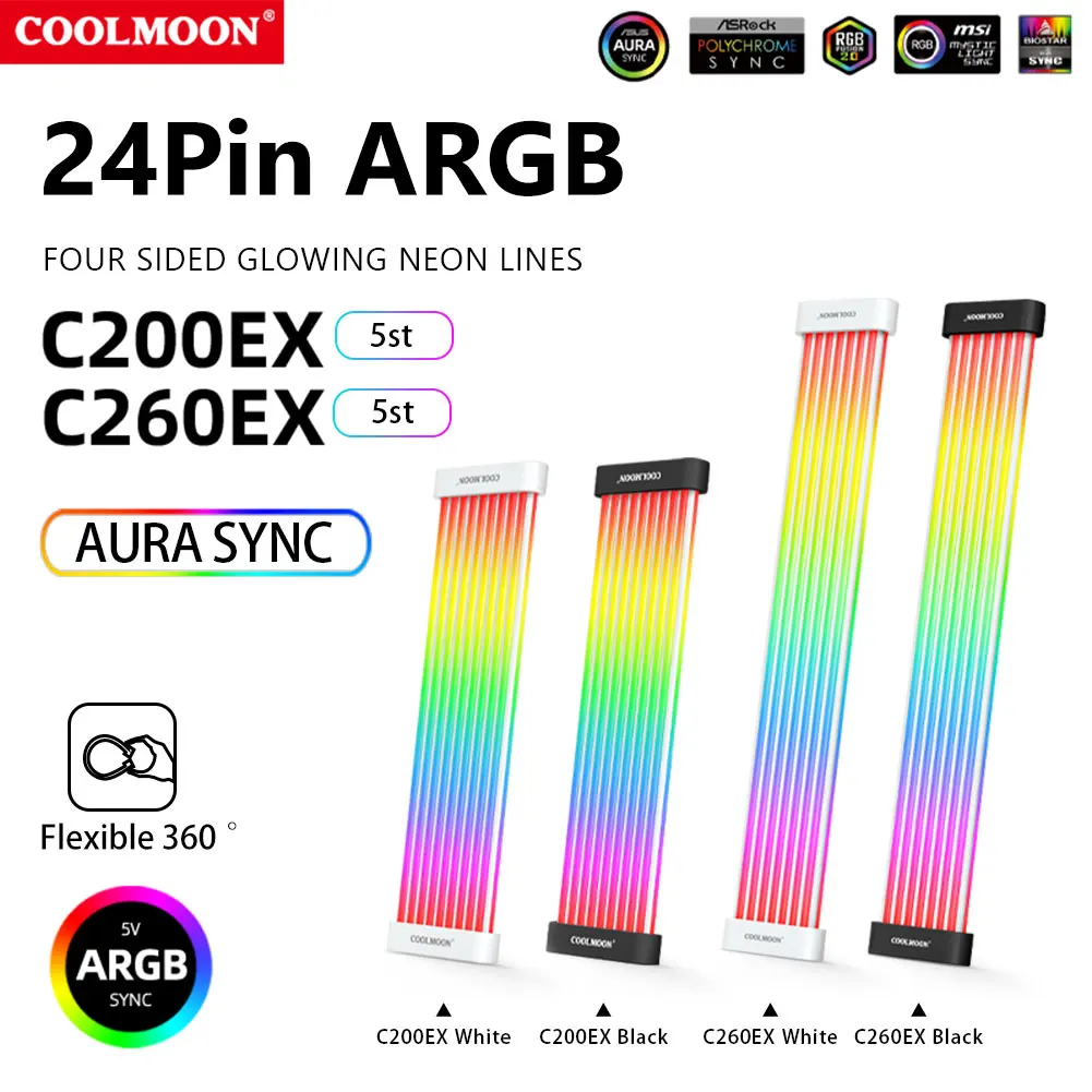 Flexible Light Bar for COOLMOON Neon Line 8Pin/24Pin ARGB Bendable Chassis Streamer Multifunctional DIY for Power Supply Unit