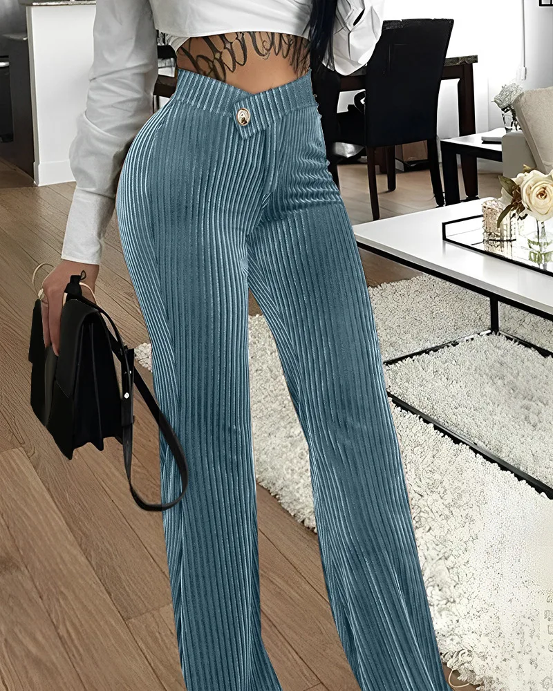Description Picture 6 of itemCM.YAYA Women Streetwear Corduroy Zipper Fly V-low Waist Straight Wide Leg Trousers 2023 Autumn Winter Fashion Pants