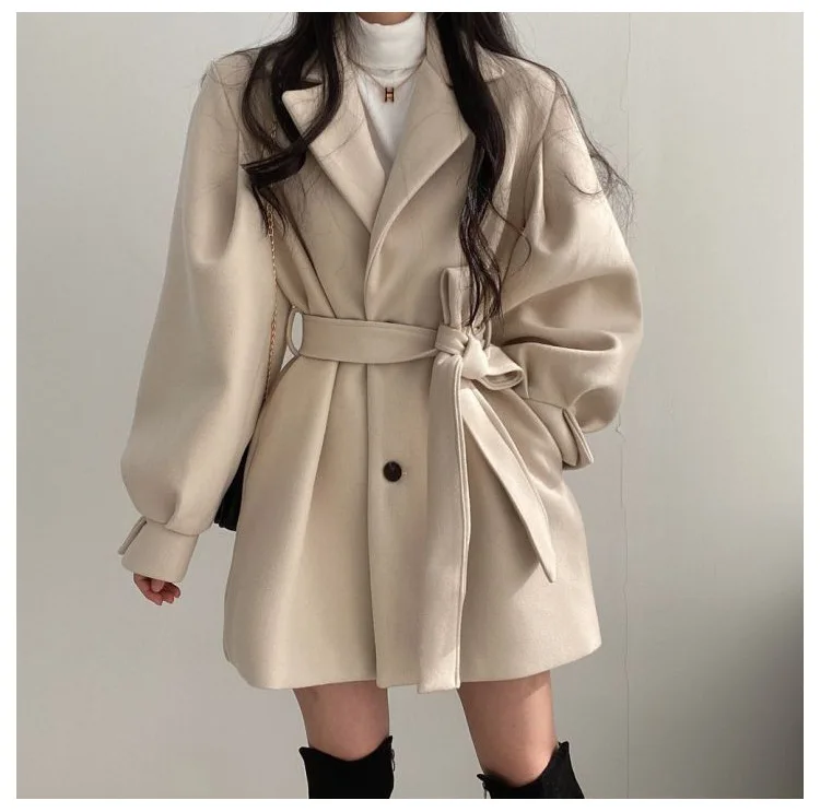Description Picture 5 of itemMid Length Topcoat Blazer Collar Woolen Coat Women Belted Winter Jacket Niche Vintage Loose Fashion Overcoat Solid Trench Coats