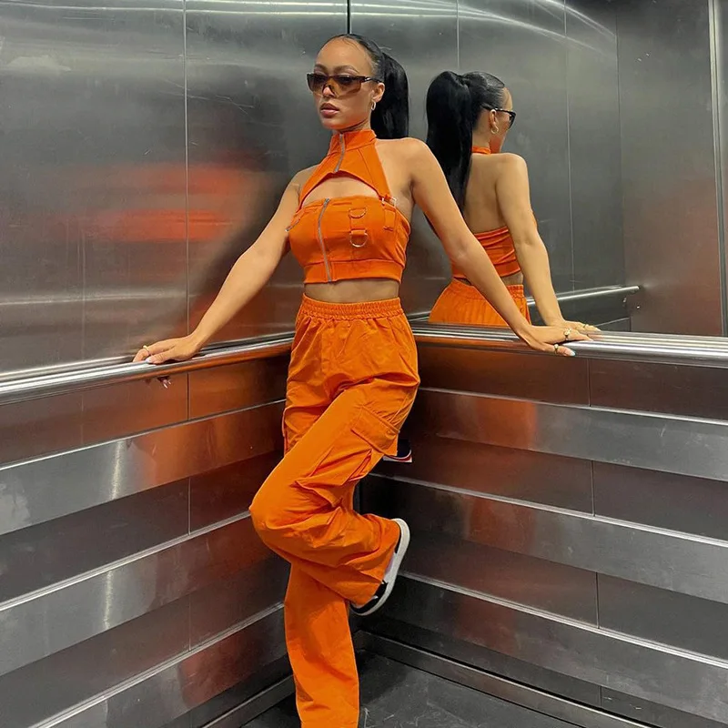 Puloru Orange Baggy Cargo Pants Women Casual High Elasitc Waist Straight-Leg Trousers with Side Pockets Streetwear Sweatpants