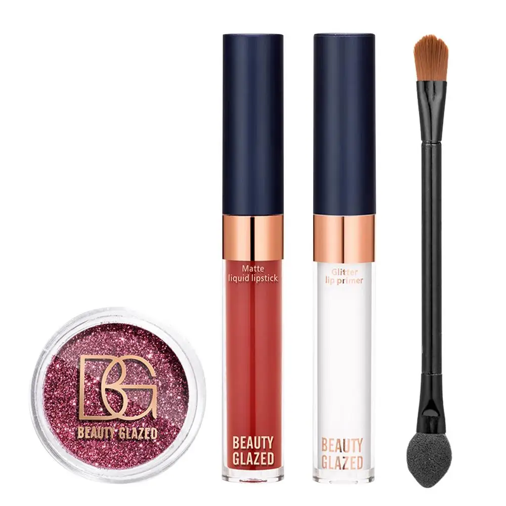 Description Picture 6 of itemGlitter Lips Kit Smudg-Pproof Water-Proof Long-Lasting Sparkle Liquid Lipstick Set With Double End Lip Brush Lip Glitter Primer