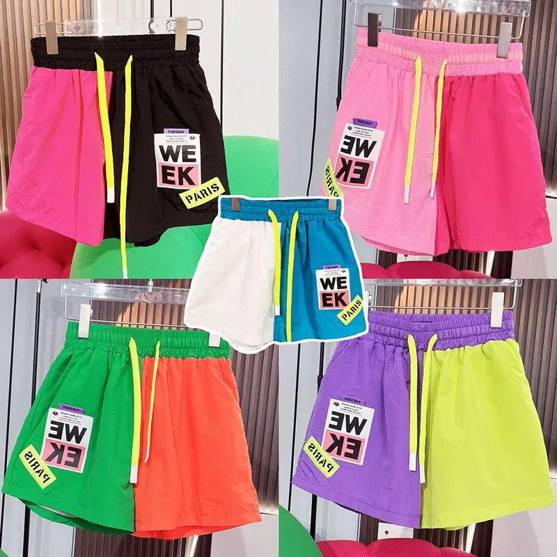 Description Picture 2 of itemDAYIFUN Sports Shorts Women Summer Fashion Contrasting Color Patchwork Design Casual Capris New Elastic Waist Lace Up Shorts