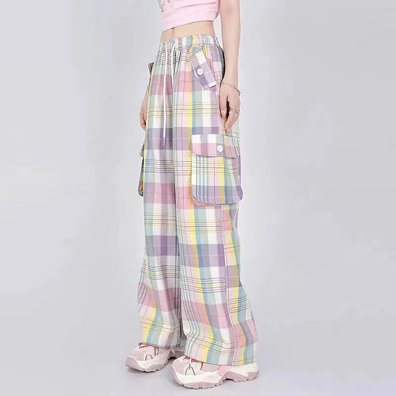 Description Picture 6 of itemColor plaid cargo pants multi-pocket women's streetwear y2k pants sweet pure style straight pants casual versatile trend