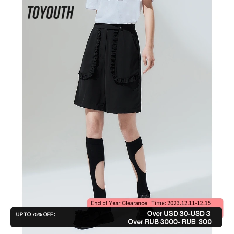 Toyouth Women Short Pants 2023 Summer Elastic Waist Straight Loose Trousers with Ruffle Pocket Comfort Casual All Match Pants