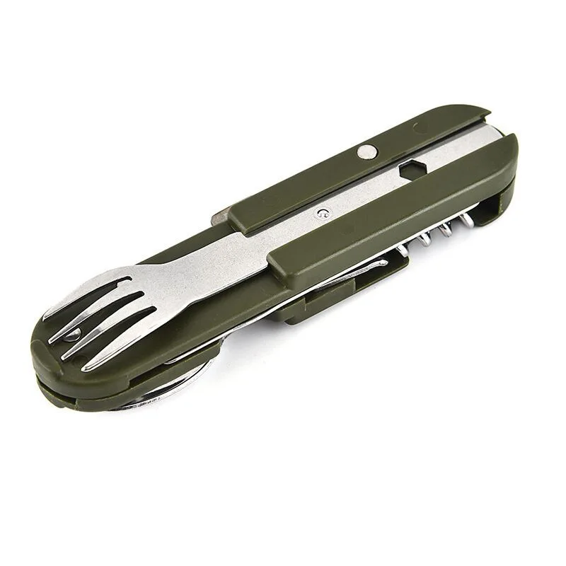 Camping Picnic Portable Stainless Steel Army Green Folding Cutlery Knife Fork Spoon Bottle Opener Flatware Tableware Travel Kit