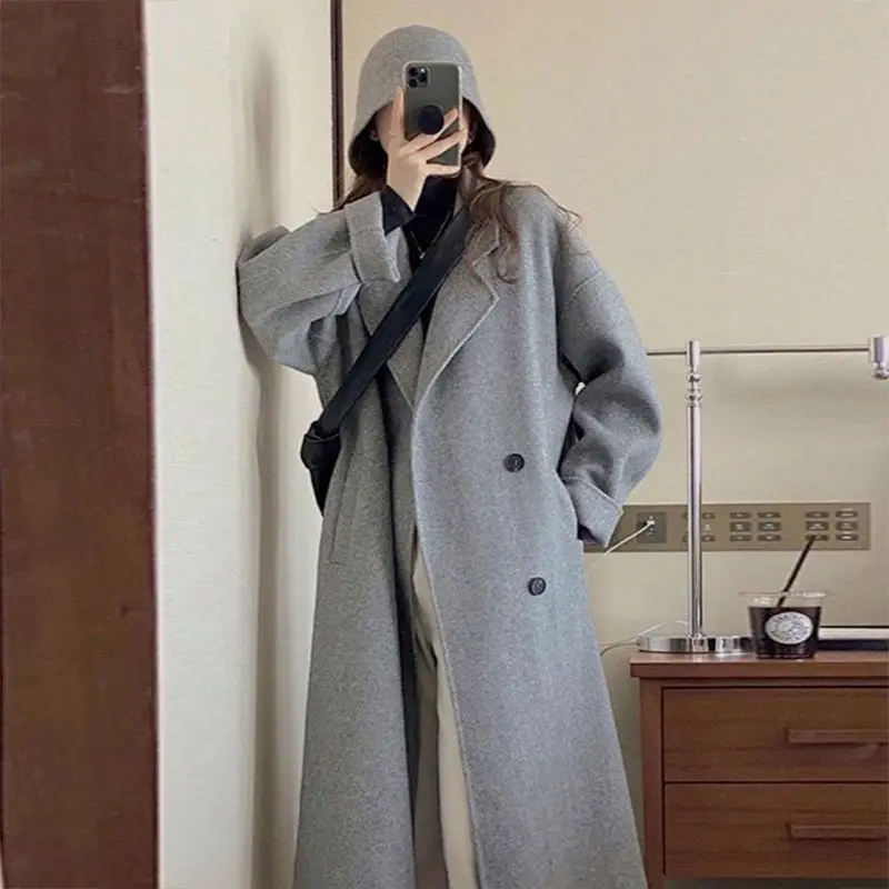 Description Picture 6 of itemCotvotee Loose Wool Coat Women Autumn Winter 2023 Fashion Turn Down Collar Long Sleeve Jacket Casual Double Breasted Long Coats