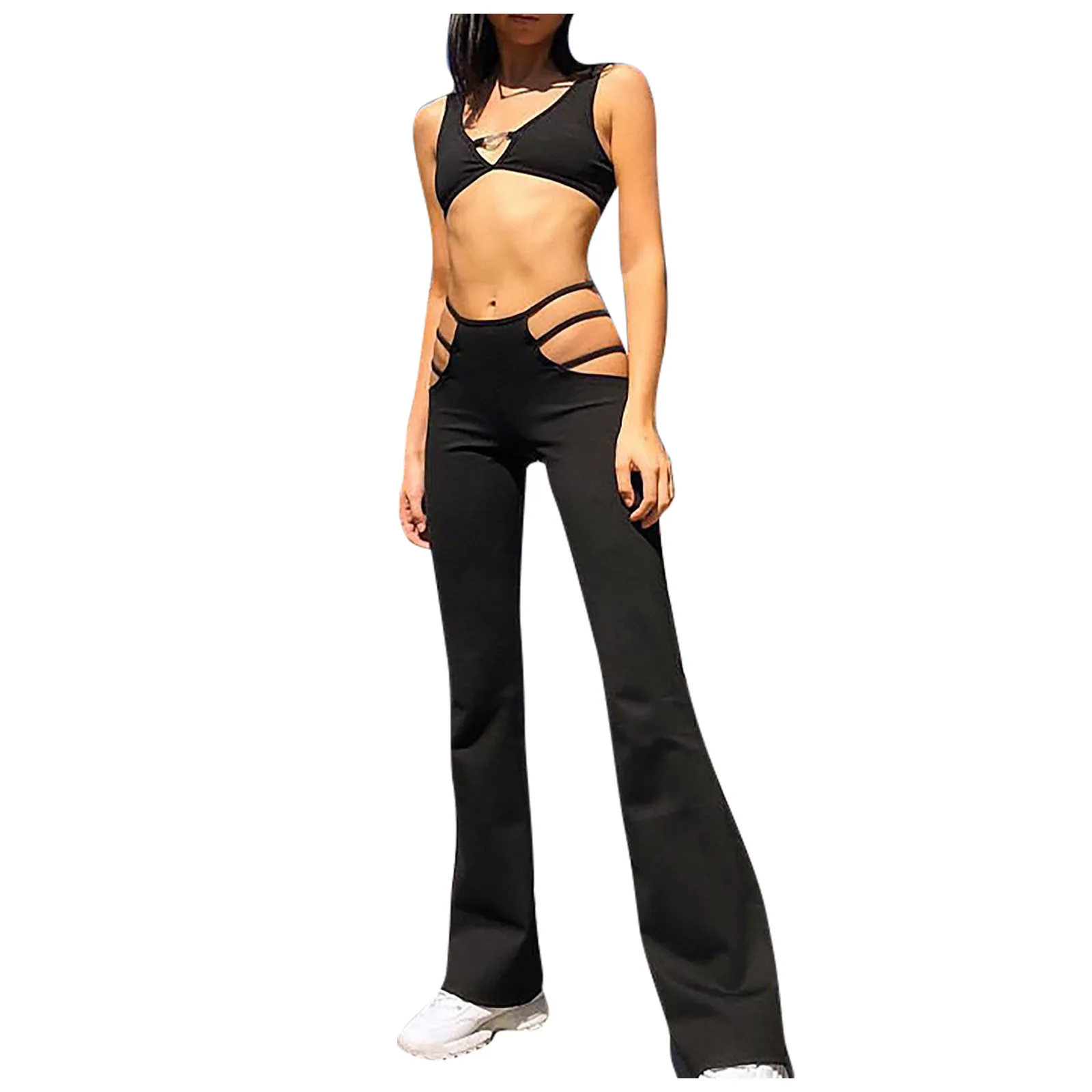 Women Solid Color Sexy Cut Out Pants Slim Fitness Cotton Pants Hollow Out Flare Pants Streetwear Bell Bottom Pants Trousers #YJ