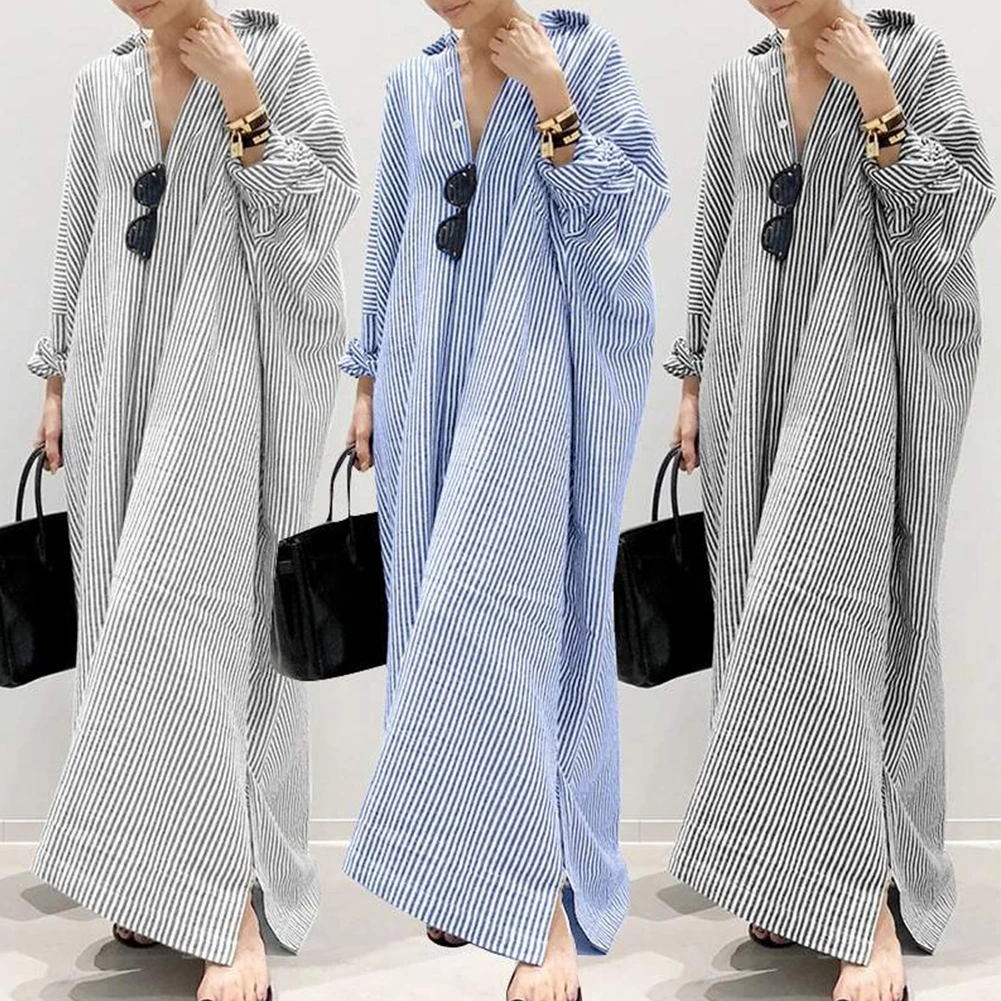 Description Picture 2 of itemDaily Holiday Womens Dress Shirt Dress Cotton Linen Long Sleeve Long Tops Tunic Maxi Kaftan Dress V-neck Baggy