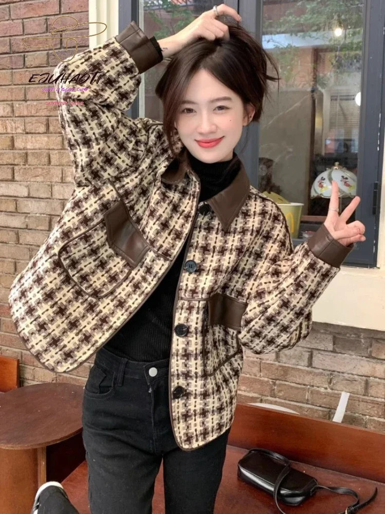 Autumn Winter Women's Jacket Small Fragrance Coat Plaid Lapel Retro Sense of Design Short Loose Tops Korean Reviews Many Clothes