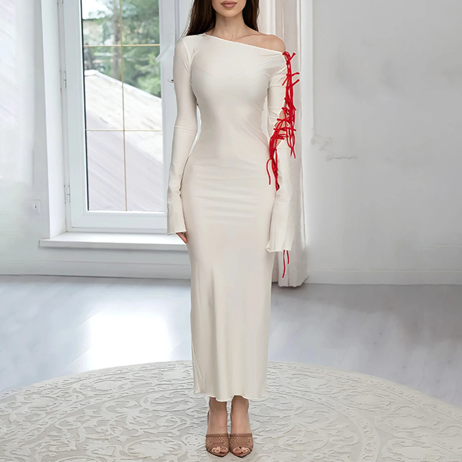 Description Picture 4 of itemWomen One Shoulder Dress Slim Fit Flared Sleeve Dress Solid Color Bodycon Maxi Dress Off Shoulder Dress Club Party Dress