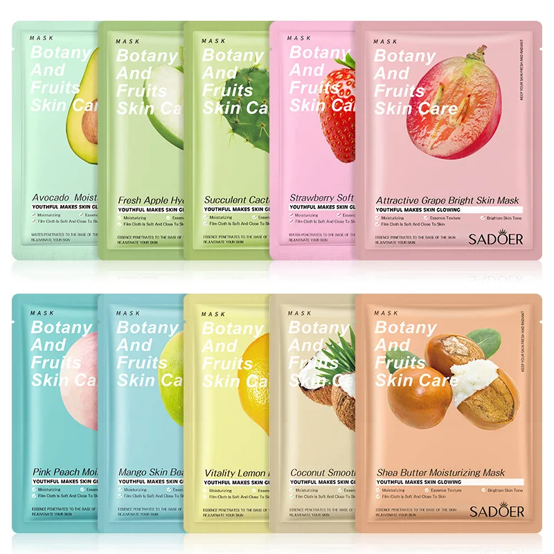 10 Pcs Hyaluronic Acid Mask Natural Fruit Plant Sheet Mask Aloe Pomegranate Hydrating Anti-Aging Shrink Pores Brighten Skin Care