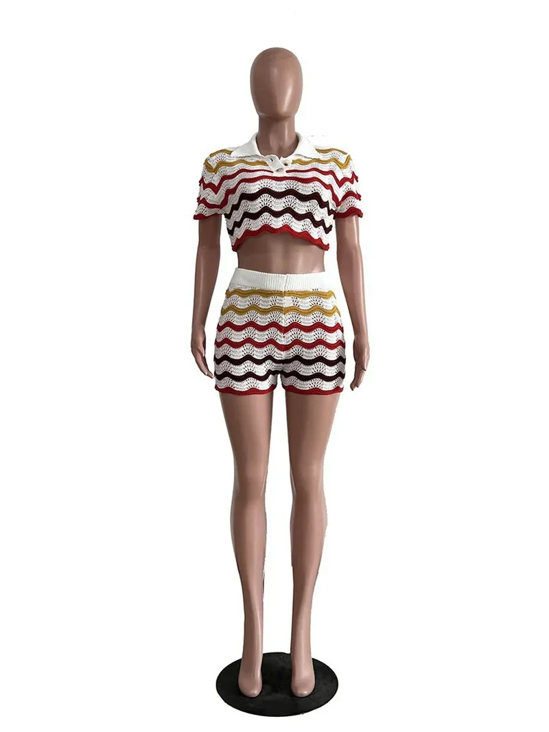 Description Picture 4 of itemMulti-Color Knitted Striped Summer Outfits for Women Short Sets Party Club Crop Top and Shorts 2 Piece Sets Women Outfit Rave