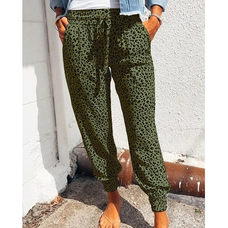 Description Picture 5 of itemWomen Leopard Printed Trousers Loose Lace-up Waist Long Pants with Pockets For Daily Summer Spring Fall Pencil Pant Streetwear